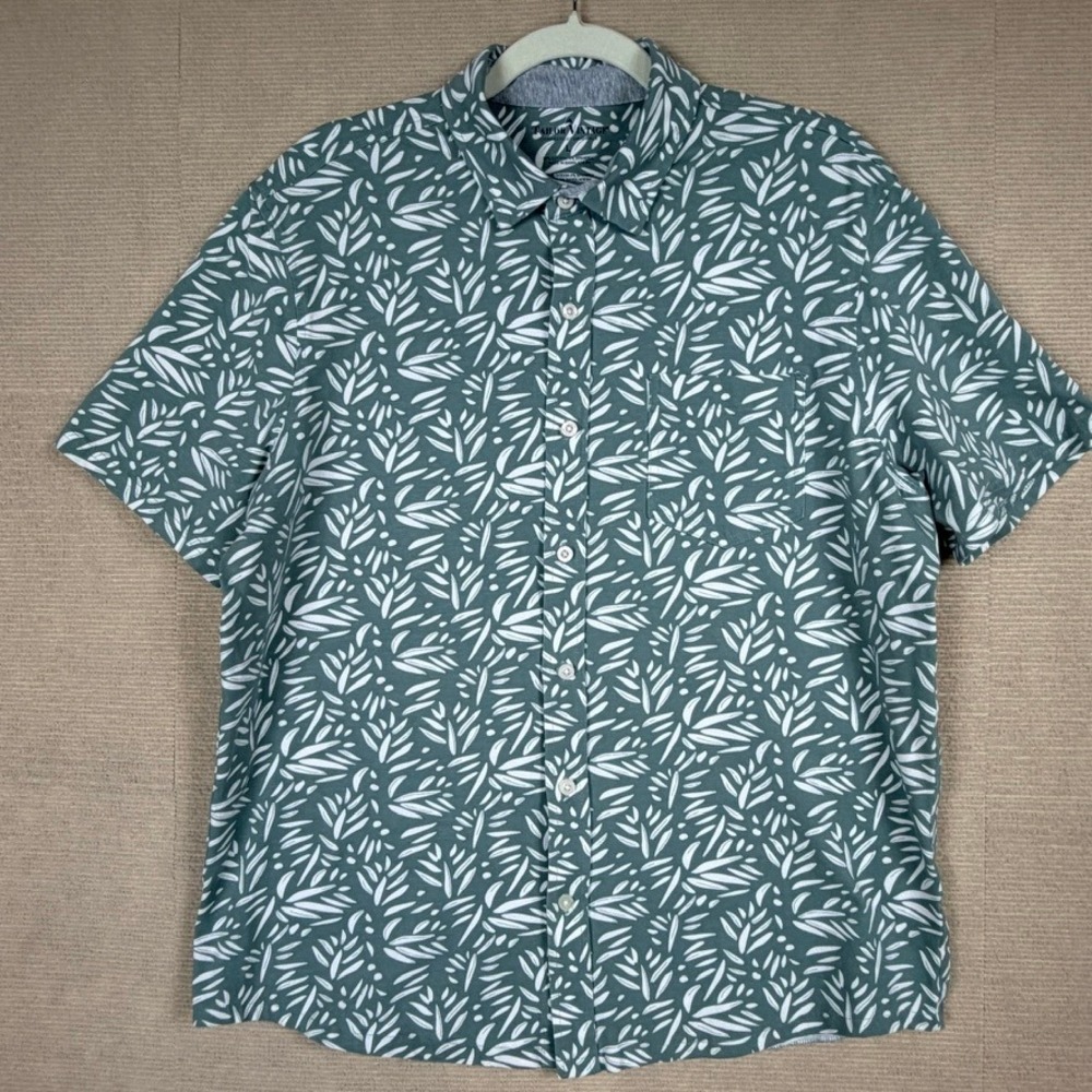 Tailor Vintage Mens Large Green White Leaf Print Short Sleeve Button Down Shirt